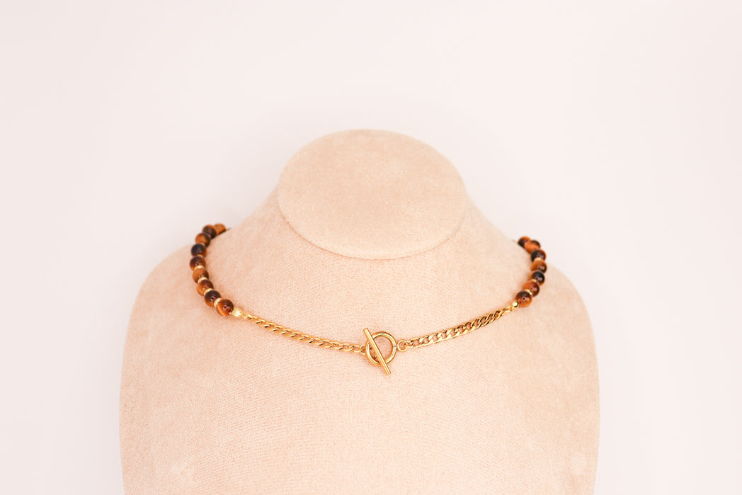 CIRCÉ | Collier en Oeil de tigre et plaqué Or 18 et 24 carats