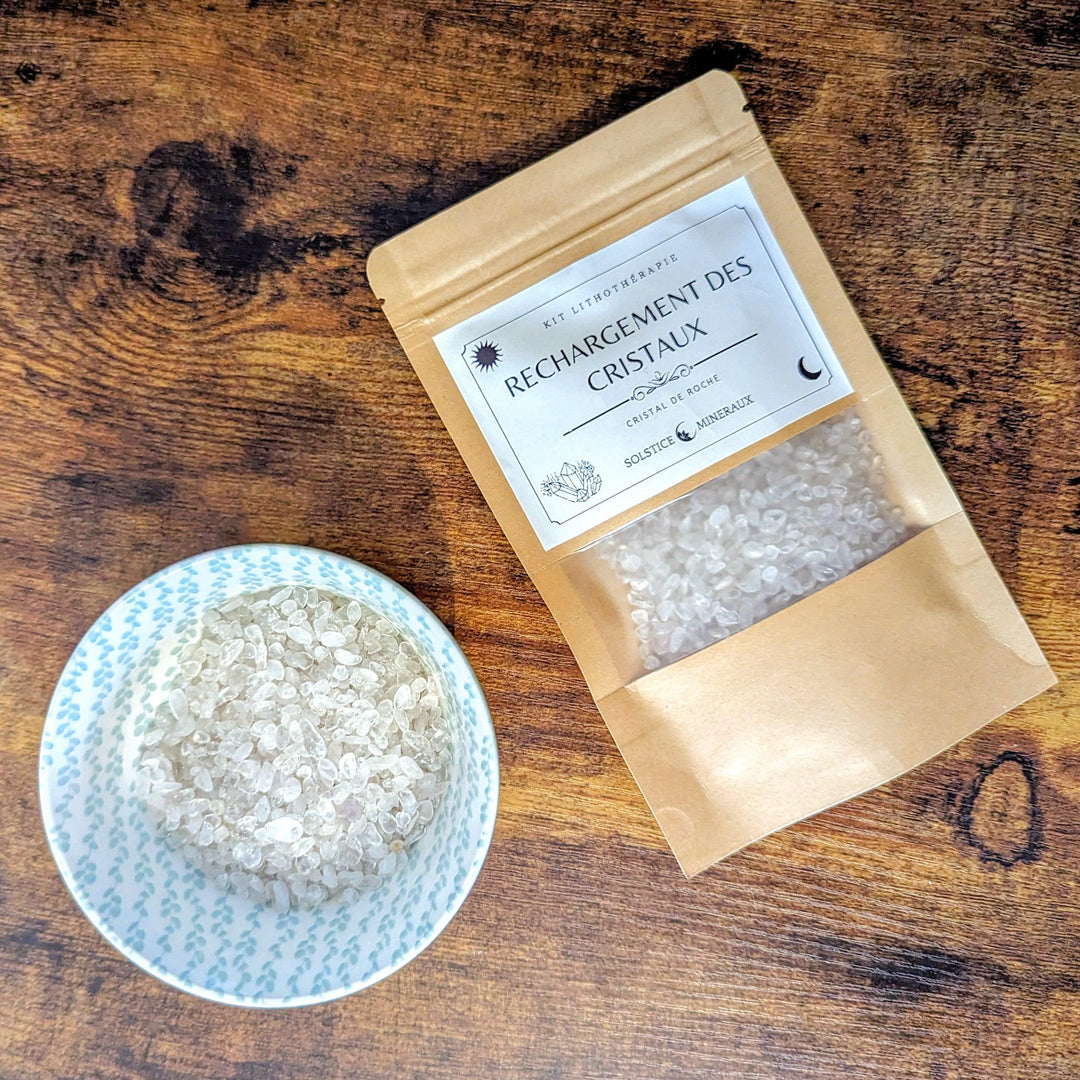 Kit de rechargement pour cristaux et bijoux en pierres composé de 125g de chips de cristal de roche