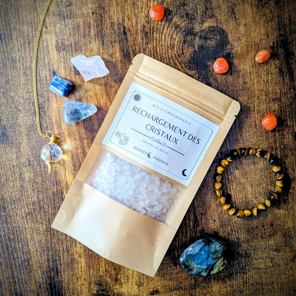 Kit de rechargement de cristaux et bijoux en pierres composé de 125g de chips de cristal de roche