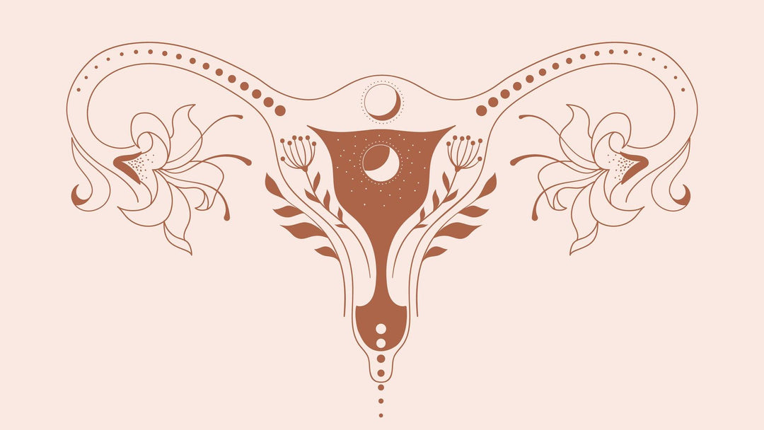 utérus stylisé avec lune au centre et fleurs