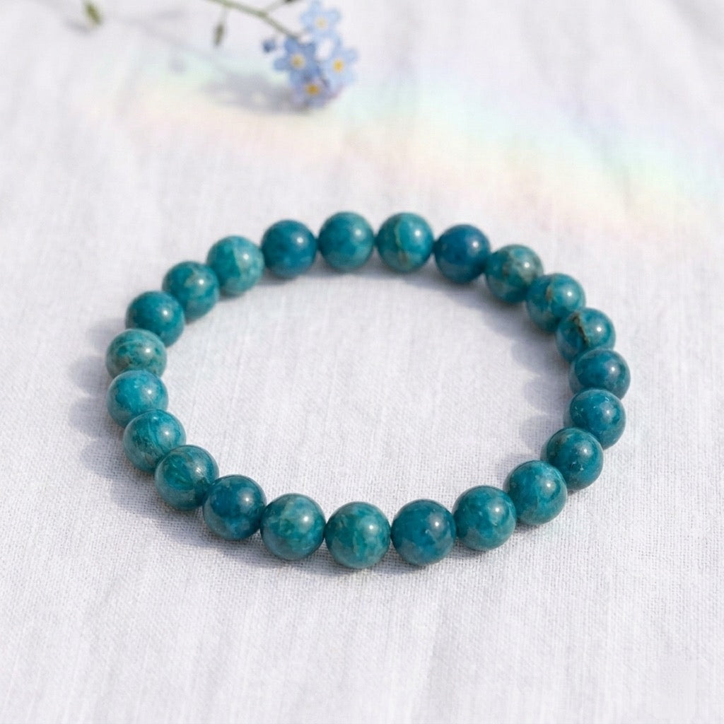 bracelet pierre naturelle apatite bleue 8mm décor lin #bracelet-8mm-apatite-bleue