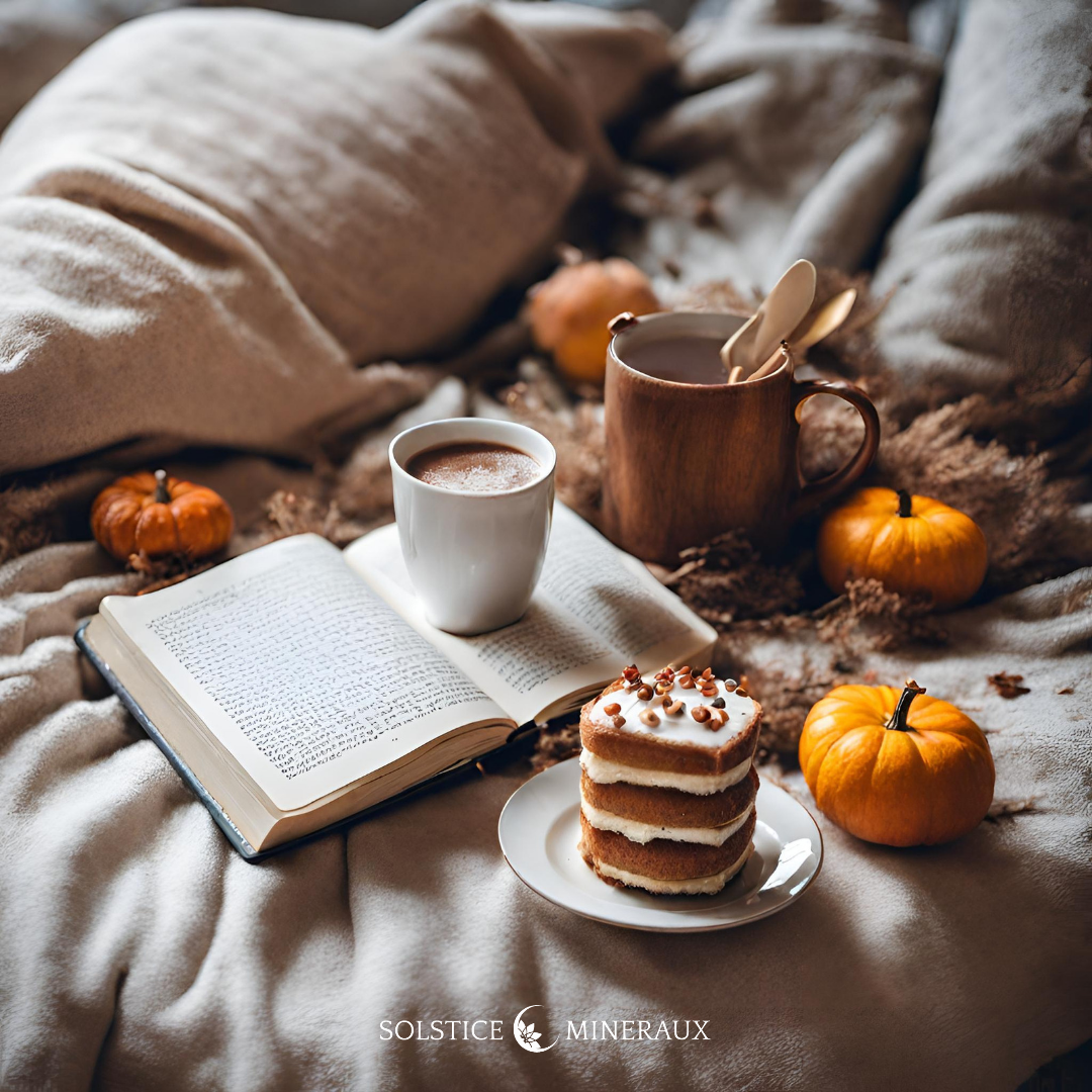 photo d'ambiance cosy cocooning sur un lit avec livre citrouilles chocolat chaud et gateau