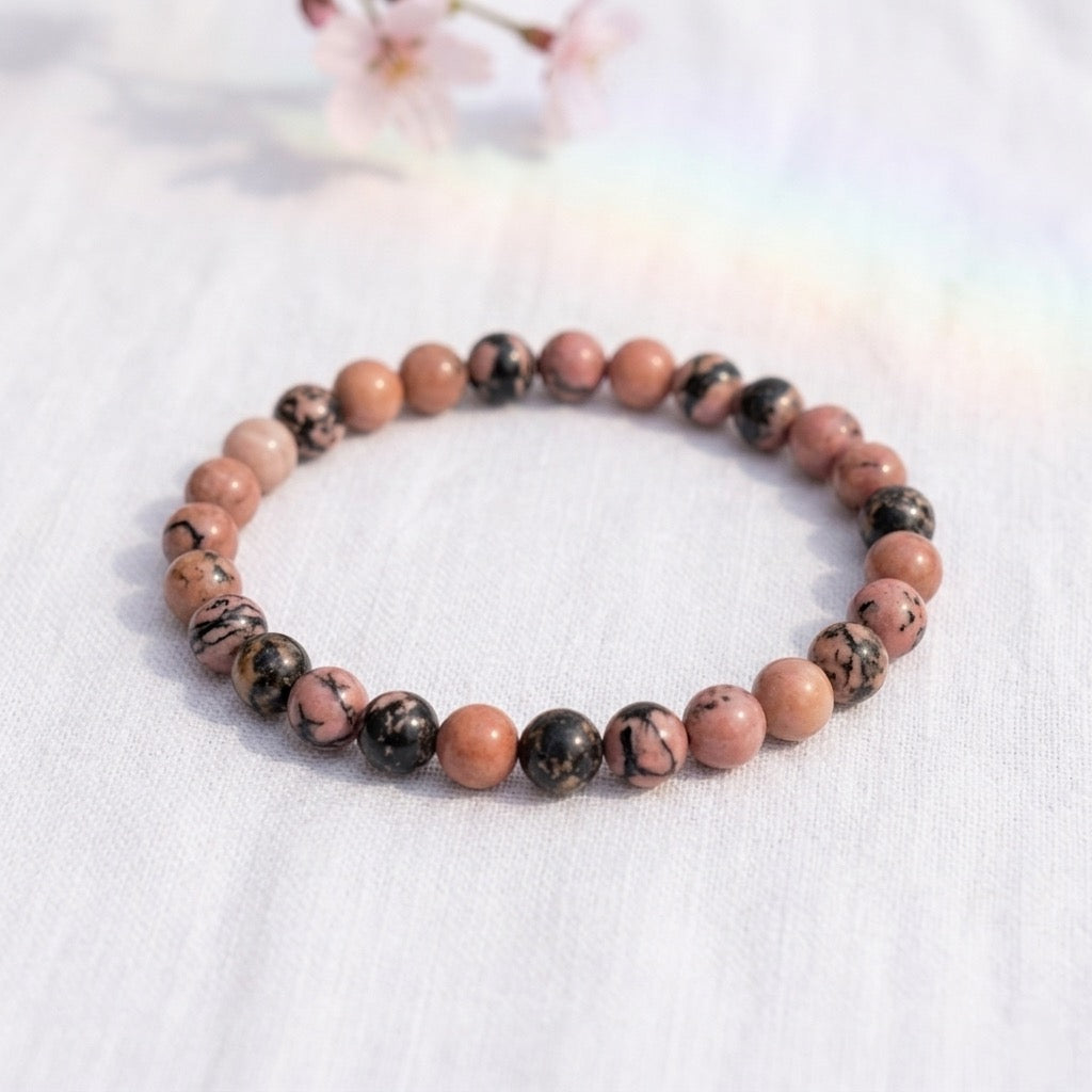 bracelet pierre naturelle rhodonite 6mm décor lin #bracelet-6mm-rhodonite