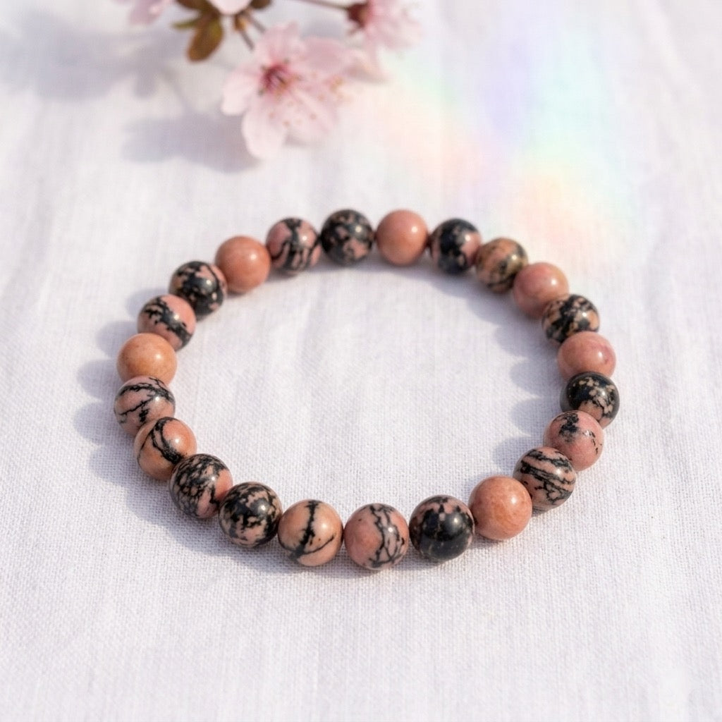 bracelet pierre naturelle rhodonite 8mm décor lin #bracelet-8mm-rhodonite